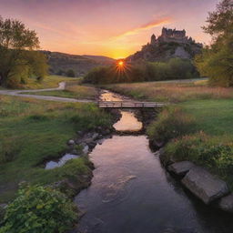 A magical landscape at sunset, with a babbling brook, a quaint wooden bridge stretched across it, and a castle off in the distance, perched atop a hill. The sky is ablaze with colors as the sun sinks below the horizon