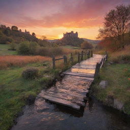 A magical landscape at sunset, with a babbling brook, a quaint wooden bridge stretched across it, and a castle off in the distance, perched atop a hill. The sky is ablaze with colors as the sun sinks below the horizon