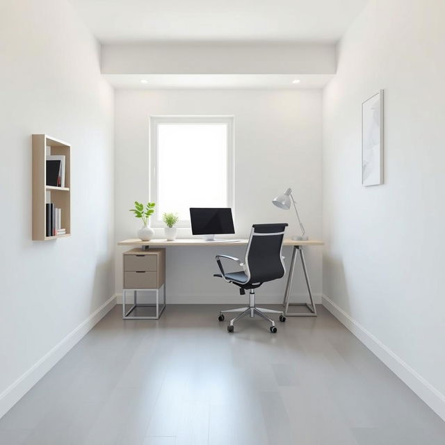 A minimalist one-person office setup in a rectangular area, characterized by simplicity and functionality