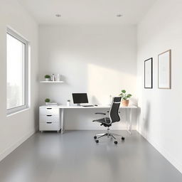 A minimalist one-person office setup in a rectangular area, characterized by simplicity and functionality