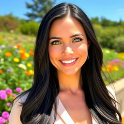 A beautiful 30-year-old woman with long, flowing black hair and striking blue eyes, wearing an elegant outfit