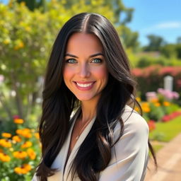 A beautiful 30-year-old woman with long, flowing black hair and striking blue eyes, wearing an elegant outfit