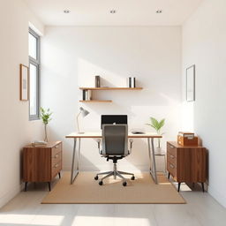 A minimalist office design for a single person in a rectangular area