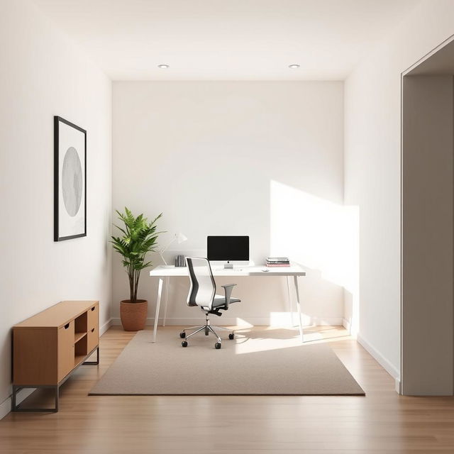 A minimalist office design for a single person in a rectangular area