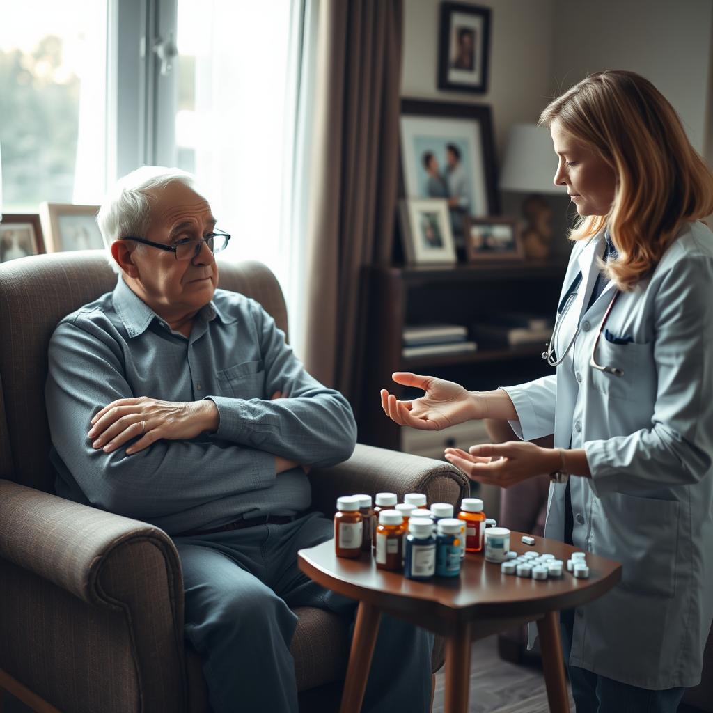 A poignant scene in a warm home environment, featuring an elderly man who is resistant to taking his medications