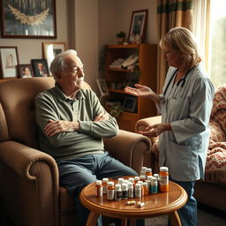 A poignant scene in a warm home environment, featuring an elderly man who is resistant to taking his medications