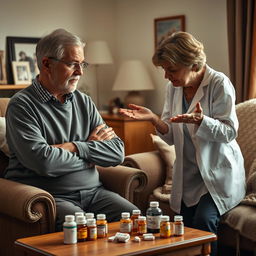 A poignant scene in a warm home environment, featuring an elderly man who is resistant to taking his medications