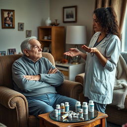 A poignant scene in a warm home environment, featuring an elderly man who is resistant to taking his medications