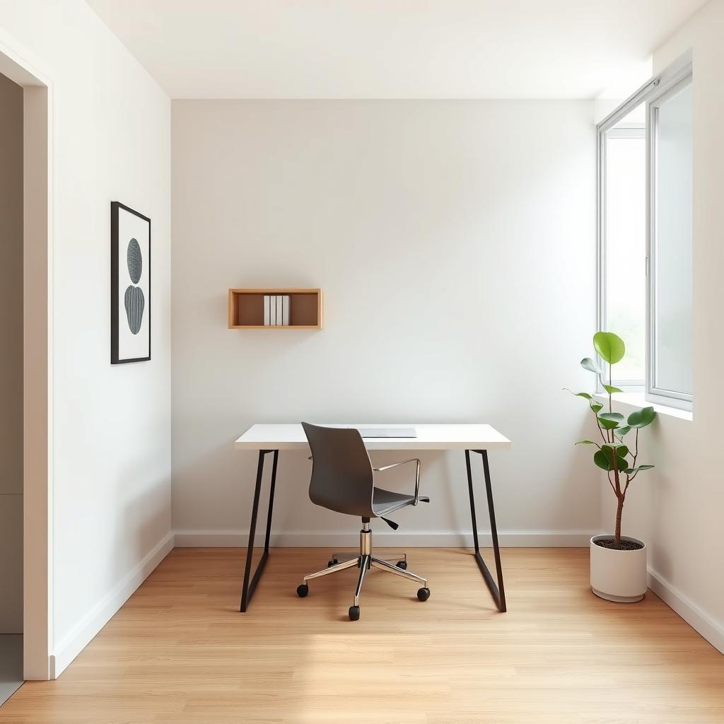 A minimalist office design for one person, featuring a stylish desk placed in the center of a rectangular space, facing a plain wall but not directly against it