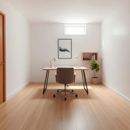 A minimalist office design for one person, featuring a stylish desk placed in the center of a rectangular space, facing a plain wall but not directly against it