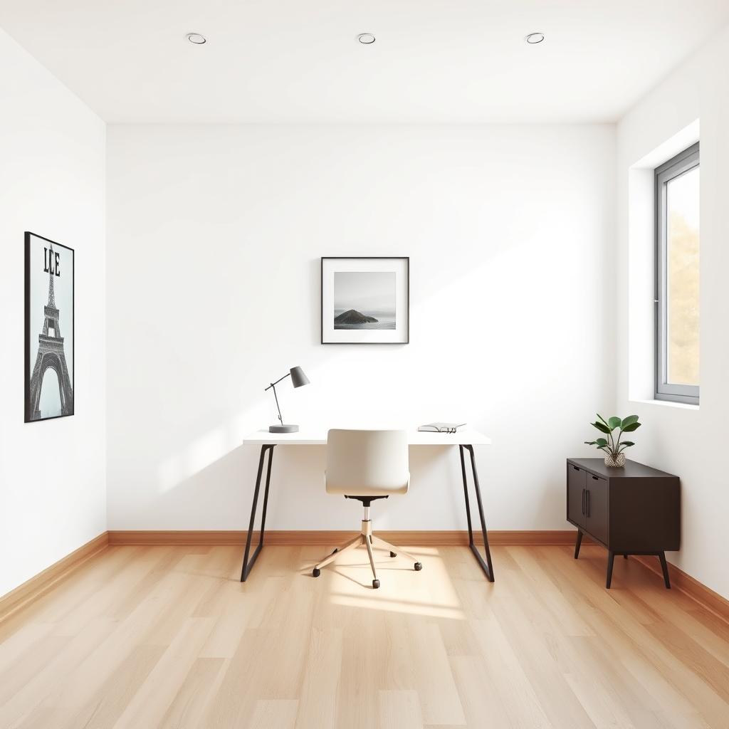 A minimalist office design for one person, featuring a stylish desk placed in the center of a rectangular space, facing a plain wall but not directly against it