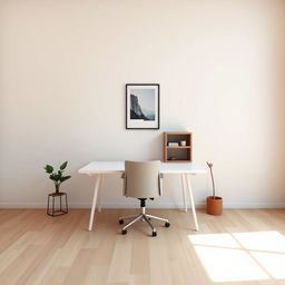 A minimalist office design for one person, featuring a stylish desk placed in the center of a rectangular space, facing a plain wall but not directly against it