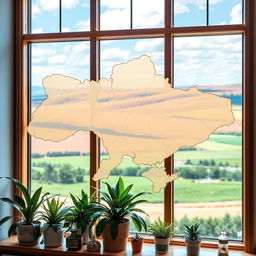 A creatively designed window shaped like the map of Ukraine