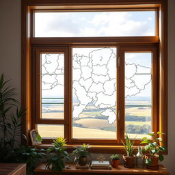 A creatively designed window shaped like the map of Ukraine