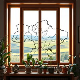 A creatively designed window shaped like the map of Ukraine