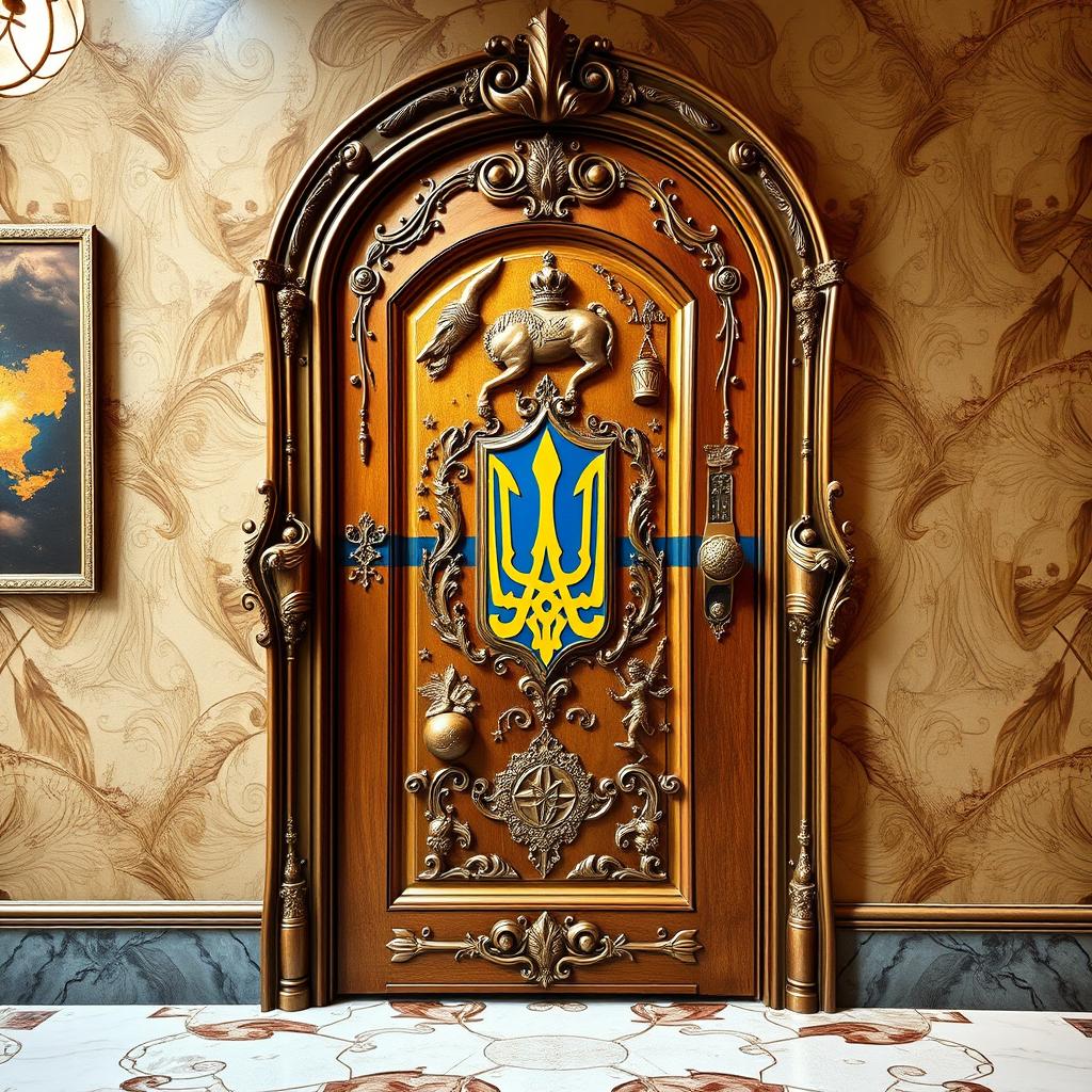 A uniquely designed door that is shaped like the map of Ukraine, showcasing intricate details that capture the geographical contours and features of the country