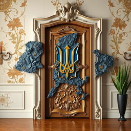 A uniquely designed door that is shaped like the map of Ukraine, showcasing intricate details that capture the geographical contours and features of the country