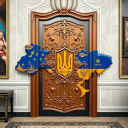 A uniquely designed door that is shaped like the map of Ukraine, showcasing intricate details that capture the geographical contours and features of the country