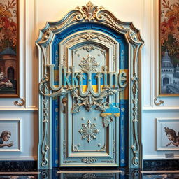 A uniquely designed door that is shaped like the map of Ukraine, showcasing intricate details that capture the geographical contours and features of the country