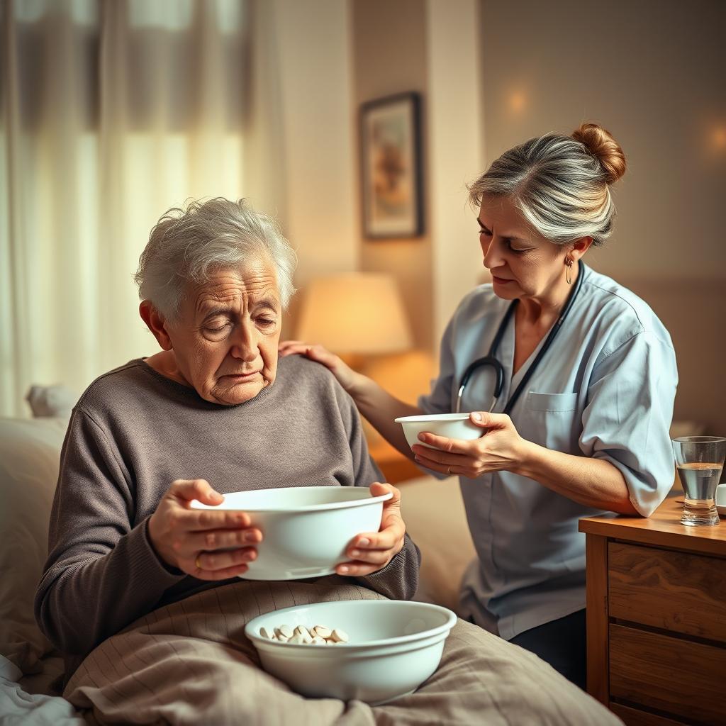 A dramatic yet compassionate scene in a softly lit bedroom, where an elderly person is experiencing distress from a medication side effect, portrayed as vomiting into a basin