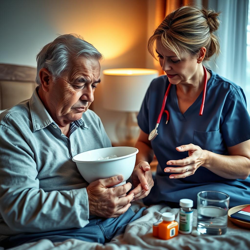 A dramatic yet compassionate scene in a softly lit bedroom, where an elderly person is experiencing distress from a medication side effect, portrayed as vomiting into a basin