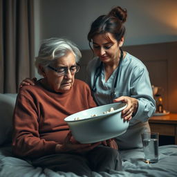 A dramatic yet compassionate scene in a softly lit bedroom, where an elderly person is experiencing distress from a medication side effect, portrayed as vomiting into a basin