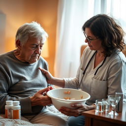 A dramatic yet compassionate scene in a softly lit bedroom, where an elderly person is experiencing distress from a medication side effect, portrayed as vomiting into a basin