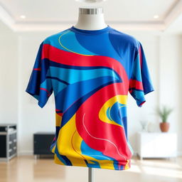 A stylish and eye-catching t-shirt design featuring a vibrant, abstract pattern in shades of blue, red, and yellow