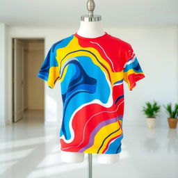 A stylish and eye-catching t-shirt design featuring a vibrant, abstract pattern in shades of blue, red, and yellow