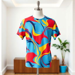 A stylish and eye-catching t-shirt design featuring a vibrant, abstract pattern in shades of blue, red, and yellow