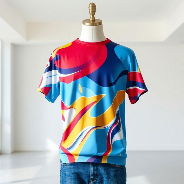 A stylish and eye-catching t-shirt design featuring a vibrant, abstract pattern in shades of blue, red, and yellow