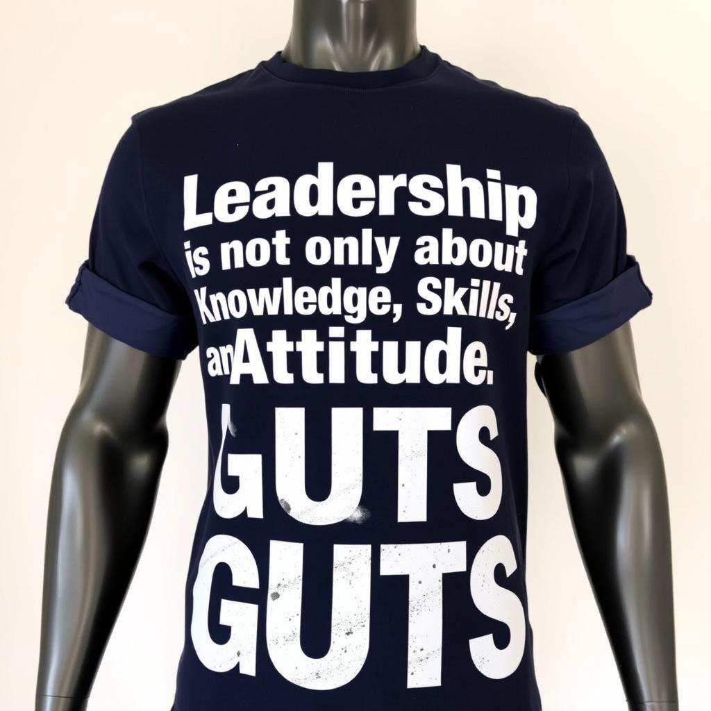 A stylish and inspirational t-shirt design featuring the bold text "Leadership is not only about Knowledge, Skills, and Attitude