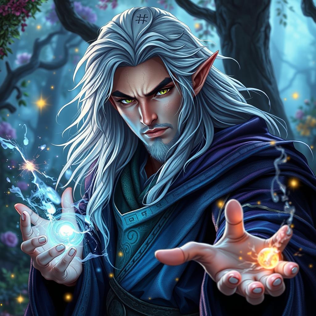 A striking half-elf male wizard harnessing wild magic, his features blending elven grace with human ruggedness