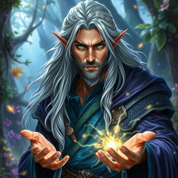 A striking half-elf male wizard harnessing wild magic, his features blending elven grace with human ruggedness