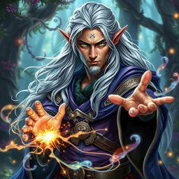 A striking half-elf male wizard harnessing wild magic, his features blending elven grace with human ruggedness