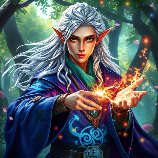 A vibrant 25-year-old half-elf male wizard harnessing wild magic, showcasing a balance of elven elegance and human charm