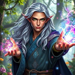 A vibrant 25-year-old half-elf male wizard harnessing wild magic, showcasing a balance of elven elegance and human charm