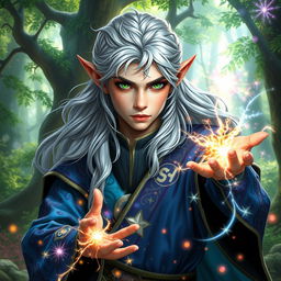 A vibrant 25-year-old half-elf male wizard harnessing wild magic, showcasing a balance of elven elegance and human charm