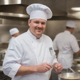 A professional chef, wearing a crisp white uniform, chefs hat, and an apron, holding a silver ladle in a bustling kitchen.