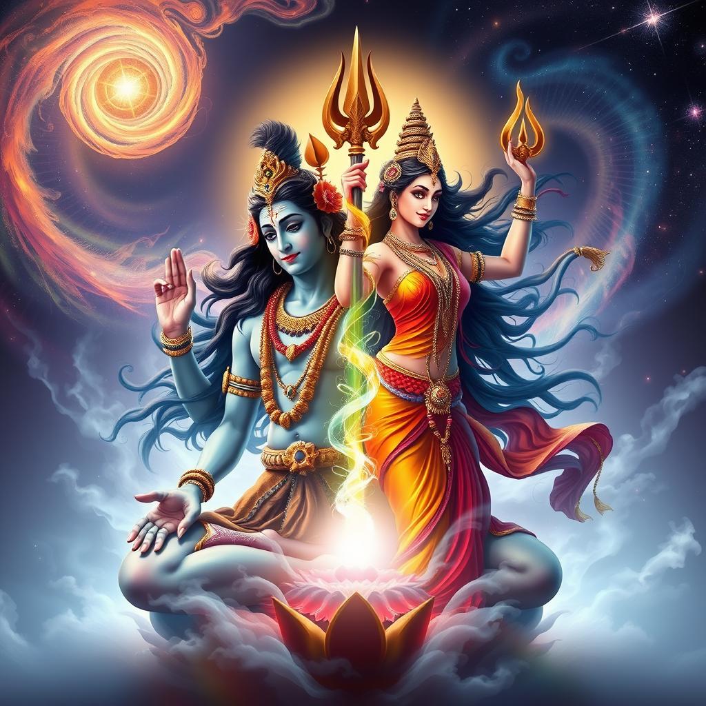 A stunning visualization of Shiva and Shakti personified in a harmonious dance, representing the union of divine masculine and feminine energies