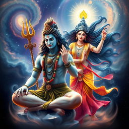 A stunning visualization of Shiva and Shakti personified in a harmonious dance, representing the union of divine masculine and feminine energies