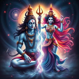 A stunning visualization of Shiva and Shakti personified in a harmonious dance, representing the union of divine masculine and feminine energies