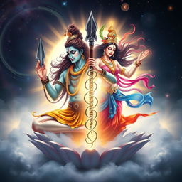 A stunning visualization of Shiva and Shakti personified in a harmonious dance, representing the union of divine masculine and feminine energies