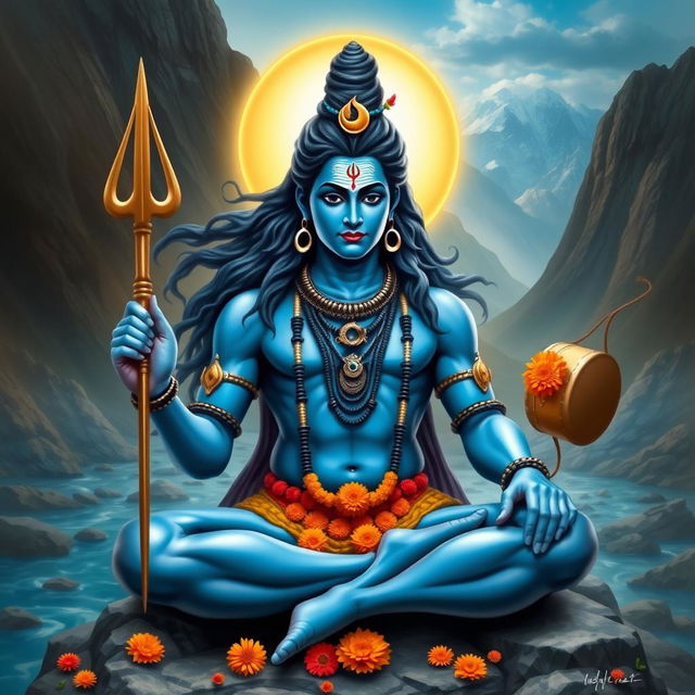 A majestic depiction of Lord Shiva, the Hindu deity, with his traditional features including long flowing hair, adorned with a crescent moon and a serpentine necklace