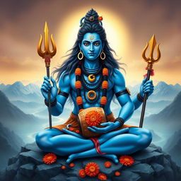 A majestic depiction of Lord Shiva, the Hindu deity, with his traditional features including long flowing hair, adorned with a crescent moon and a serpentine necklace