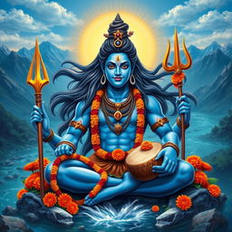 A majestic depiction of Lord Shiva, the Hindu deity, with his traditional features including long flowing hair, adorned with a crescent moon and a serpentine necklace