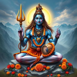 A majestic depiction of Lord Shiva, the Hindu deity, with his traditional features including long flowing hair, adorned with a crescent moon and a serpentine necklace