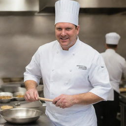 A professional chef, wearing a crisp white uniform, chefs hat, and an apron, holding a silver ladle in a bustling kitchen.