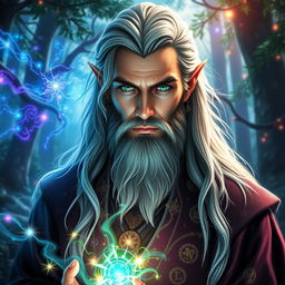 A captivating 25-year-old half-elf male wizard with a well-groomed beard, showcasing the blend of elven elegance and human ruggedness