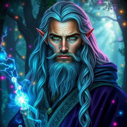 A captivating 25-year-old half-elf male wizard with a well-groomed beard, showcasing the blend of elven elegance and human ruggedness